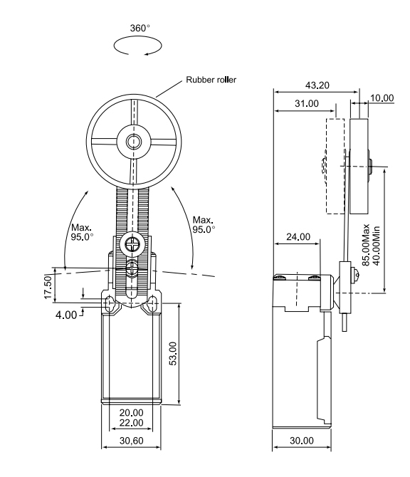 CLS 191 / Chave fim de curso acionamento tipo roldana borracha ajustavel 1NA+1NF 10A/250V IP66 - Imagem 3
