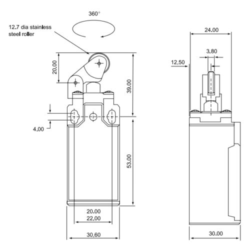 Alternative view of CLS 103 / Chave fim de curso acionamento tipo pino metalico 1NA+1NF 10A/250V IP66