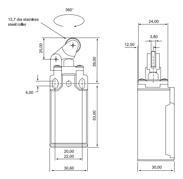 CLS 111 / Chave fim de curso acionamento tipo pino + roldana metal 1NA+1NF 10A/250V IP66 - Imagem 3
